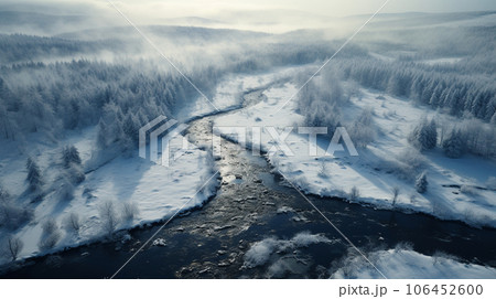Winter landscape from above, forest in snow and frozen river, drone view. High quality photo 106452600