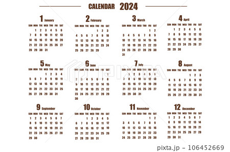 2024年の日曜始まりのシンプルな年カレンダーのイラスト素材