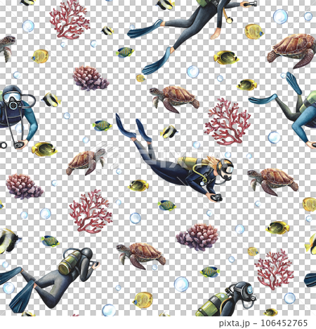 Seamless pattern with divers, and elements of the underwater world. Underwater journey. Hand-drawn in watercolor. The concept of labels, packaging, textiles. For background and decor. Seamless pattern with divers, and elements of the underwater world. Underwater journey. Hand-drawn in watercolor. The concept of labels, packaging, textiles. For background and decor. 106452765