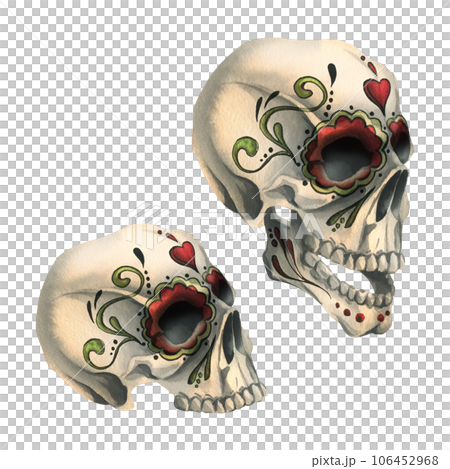 Human skulls profile with a painted ornament is evil, terrible. Hand drawn watercolor illustration for day of the dead, halloween, Dia de los muertos. Set of isolated objects on a white background 106452968