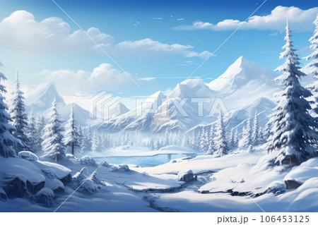 Winter landscape with snowy pine trees and...のイラスト素材 ...