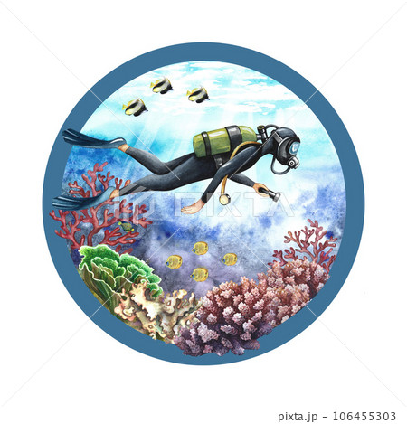 The diver swims underwater at the bottom of the sea. Underwater travel. Watercolor hand drawn. Concept for label, magnet The diver swims underwater at the bottom of the sea. Underwater travel. Watercolor hand drawn. Concept for label, magnet 106455303