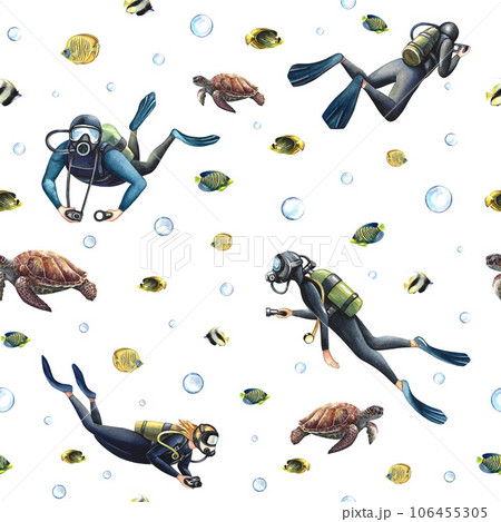 Seamless pattern with divers. Underwater travel. Watercolor hand drawn. The concept of labels, packaging, textiles. Seamless pattern with divers. Underwater travel. Watercolor hand drawn. The concept of labels, packaging, textiles. 106455305