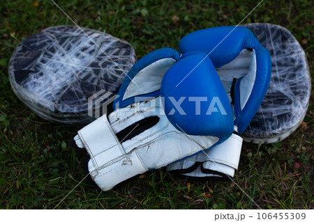 Shabby blue boxing gloves with black paws for practicing punches lie on the grass for street martial arts training Shabby blue boxing gloves with black paws for practicing punches lie on the grass for street martial arts training 106455309
