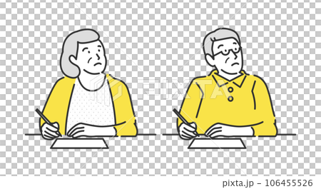 Illustration set of a senior man and woman who can't remember while writing a sentence 106455526