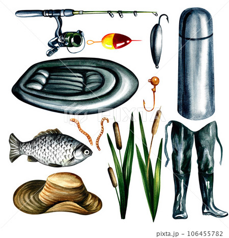 Set of fishing equipment. Isolate on white background. Watercolor illustration. Design for fishing. Set of fishing equipment. Isolate on white background. Watercolor illustration. Design for fishing. 106455782