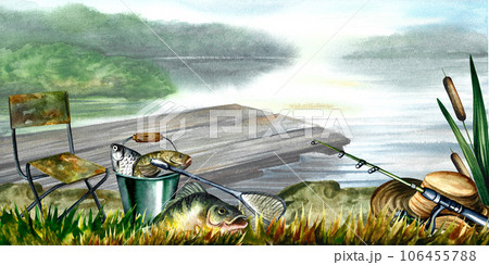 Fishing banner.River valley landscape. A poster with a picturesque view of the summer fishing season. Fishing banner.River valley landscape. A poster with a picturesque view of the summer fishing season. 106455788