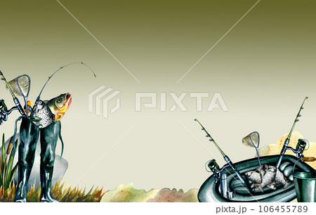Fishing, banner. Fishing tackle. Fishing rods, boat and rubber boots. Watercolor illustration. For the design of banners 106455789