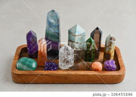 Minerals towers of Fluorite, Smoky Quartz, Amethyst, Crackle Quartz, Aragonite, Amazonite, Emerald, Fire Quartz 106455896