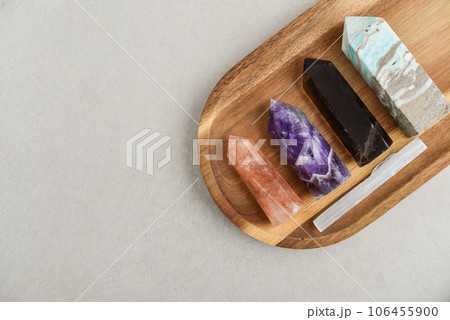 Minerals towers of healing crystals top view 106455900