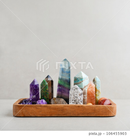 Minerals towers of Fluorite, Smoky Quartz, Amethyst, Crackle Quartz, Aragonite, Amazonite, Emerald, Fire Quartz 106455903