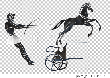 Set with a black silhouette of an ancient Greek chariot. Greek painting. Hand-drawn watercolor. Isolate. Horse chariot and rider. For banners, prints and textiles. For packaging, labels. 106455948