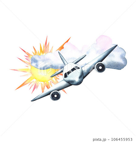 Seamless pattern with passenger planes, sun and clouds on a white background. Watercolor hand drawn illustration. Designed for backgrounds, flyers, banners. For labels, packaging and textiles. Seamless pattern with passenger planes, sun and clouds on a white background. Watercolor hand drawn illustration. Designed for backgrounds, flyers, banners. For labels, packaging and textiles. 106455953