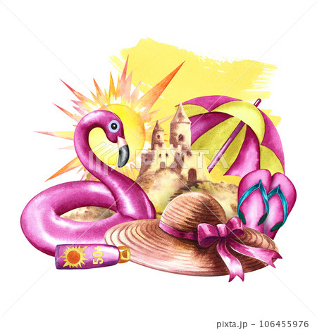 Vacation at sea. Composition depicting beach attributes. beach umbrella, sand castle, etc. Watercolor illustration. For the design of leaflets, banners, postcards. For invitations, posters, labels. 106455976