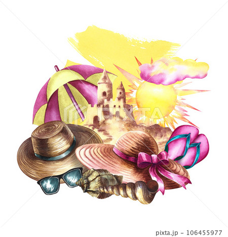 Vacation at sea. Composition depicting beach attributes. beach umbrella, sand castle, etc. Watercolor illustration. For the design of leaflets, banners, postcards. For invitations, posters, labels. 106455977