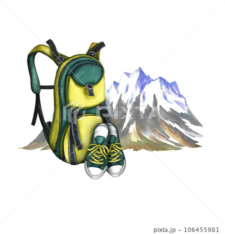 Backpack and sneakers on the background of snowy mountains. Tourism and travel. Watercolor hand drawn illustration. Designed for flyers, banners and postcards. For invitations, posters and labels. 106455981