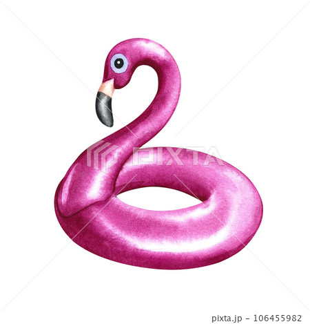 Inflatable rubber circle Flamingo. Watercolor painting illustration. Flamingo swimming ring. Watercolor handmade. Isolate on white background for your design: textile, fabric, postcard, invitation. 106455982