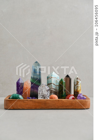 Minerals towers of Fluorite, Smoky Quartz, Amethyst, Crackle Quartz, Aragonite, Amazonite, Emerald, Fire Quartz 106456095