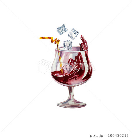 Red juice in a glass goblet with ice cubes. Watercolor illustration. Isolated. For design labels, packaging and banners. Red juice in a glass goblet with ice cubes. Watercolor illustration. Isolated. For design labels, packaging and banners. 106456215