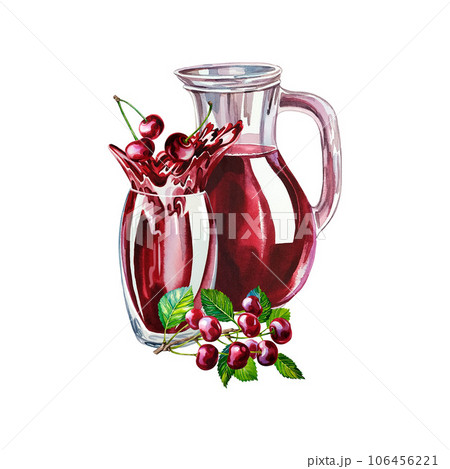 Cherries and cherry juice in a glass goblet. Jug with juice. Watercolor illustration. For design labels, packaging Cherries and cherry juice in a glass goblet. Jug with juice. Watercolor illustration. For design labels, packaging 106456221