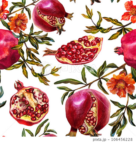 Pomegranate seamless pattern. Pomegranate fruit on a branch, open pomegranate, flowers. Watercolor illustration. 106456228