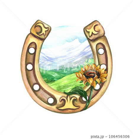 Horseshoe with a sunflower in the background of a mountain landscape. Watercolor painted by hand. For printing, stickers Horseshoe with a sunflower in the background of a mountain landscape. Watercolor painted by hand. For printing, stickers 106456306