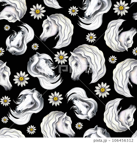 Seamless pattern with portraits of white horses and daisies on a black background. Hand watercolor. 106456312