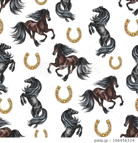 Seamless pattern with horses and horseshoes. Watercolor painted by hand. For printing, textiles and labels. 106456314