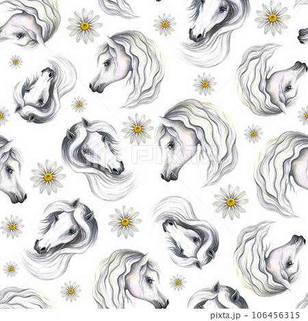 Seamless pattern with portraits of white horses and daisies. Hand watercolor. For printing, textiles and labels. 106456315