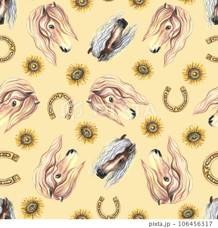 Seamless pattern with horse portrait, horseshoe and sunflower. Watercolor painted by hand. For printing, textiles 106456317