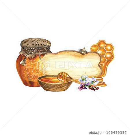 Honey composition with wooden bowl, glass jar, bees, buckwheat flowers. With a sticker for the inscription. Honey composition with wooden bowl, glass jar, bees, buckwheat flowers. With a sticker for the inscription. 106456352