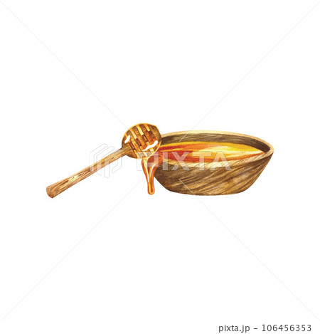 Honey composition. Watercolor illustration. With wooden bowl and honey spoon. For banners, postcards, packaging, etc. Honey composition. Watercolor illustration. With wooden bowl and honey spoon. For banners, postcards, packaging, etc. 106456353