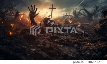 Undead coming out of grave, scary graveyard with skull at Halloween night Undead coming out of grave, scary graveyard with skull at Halloween night 106456496