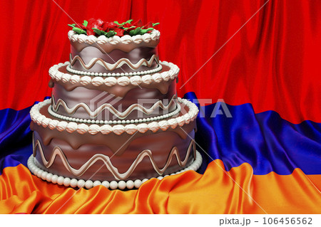 Chocolate cake on the Armenian flag background, 3D rendering 106456562