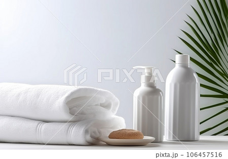 A set of spa accessories on a white background with space for text. A set of spa accessories on a white background with space for text. 106457516