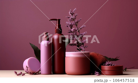 Set of cosmetic products with lavender flowers. Hair care products. 3d illustration. Set of cosmetic products with lavender flowers. Hair care products. 3d illustration. 106457518