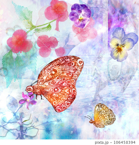 カラフルで可愛い蝶のいる水彩画手書きイラストのイラスト素材 ...