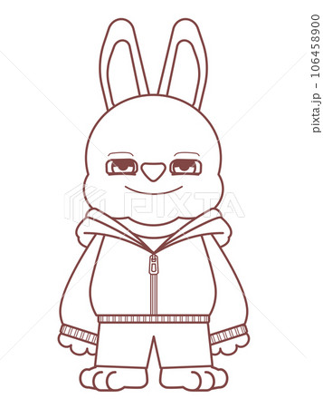 パーカーを着たかわいいウサギのキャラクター線画イラスト パーカーを着たかわいいウサギのキャラクター線画イラスト 106458900