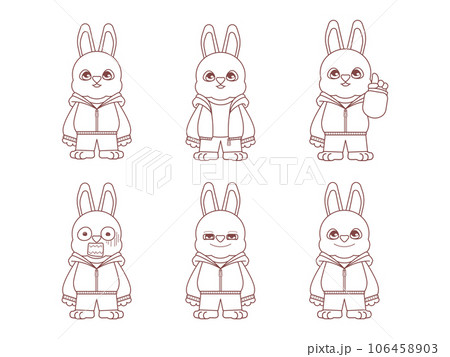 パーカーを着たかわいいウサギのキャラクター線画イラストセット パーカーを着たかわいいウサギのキャラクター線画イラストセット 106458903