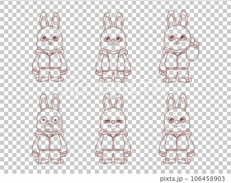 パーカーを着たかわいいウサギのキャラクター線画イラストセット パーカーを着たかわいいウサギのキャラクター線画イラストセット 106458903