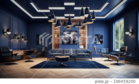 Salon in the wood ceiling, in the style of navy and black, minimalist color palettes, study place, multiple styles, black and gray. AI-generated content. 106459200