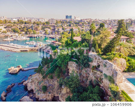 View of old Antalya from a drone or bird's eye view. This is the area of the old city and the old harbor View of old Antalya from a drone or bird's eye view. This is the area of the old city and the old harbor 106459906