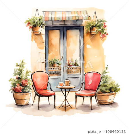 オープンカフェのイスとテーブル 水彩イラスト AI画像のイラスト素材