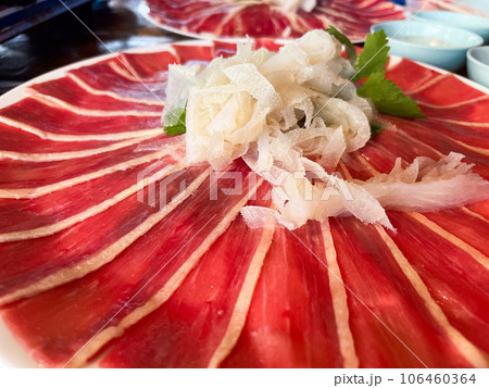 Thai meat on white plate. 106460364