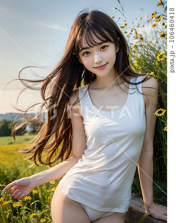 AI画像　青空の花畑でセクシーな服を着た笑顔の若い女性 106460418