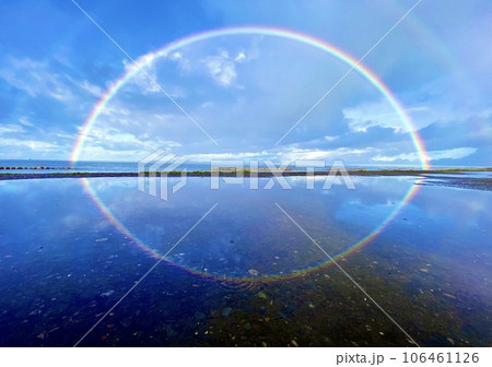 雨あがりの水たまりに映り込んだ虹 106461126