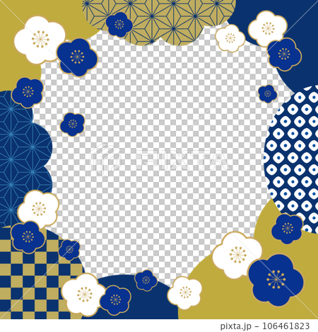 Plum and Japanese pattern Japanese style New Year banner frame background / square / indigo / transparent 106461823