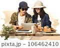 カフェでご飯を食べながら打ち合わせをする若い男女 106462410