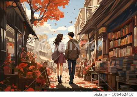 秋の街を歩くカップルのイラスト素材 [106462416] - PIXTA