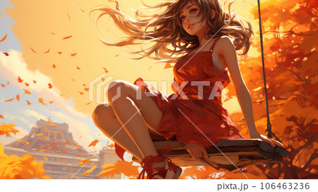 golden autumn woman riding a swing golden autumn woman riding a swing 106463236